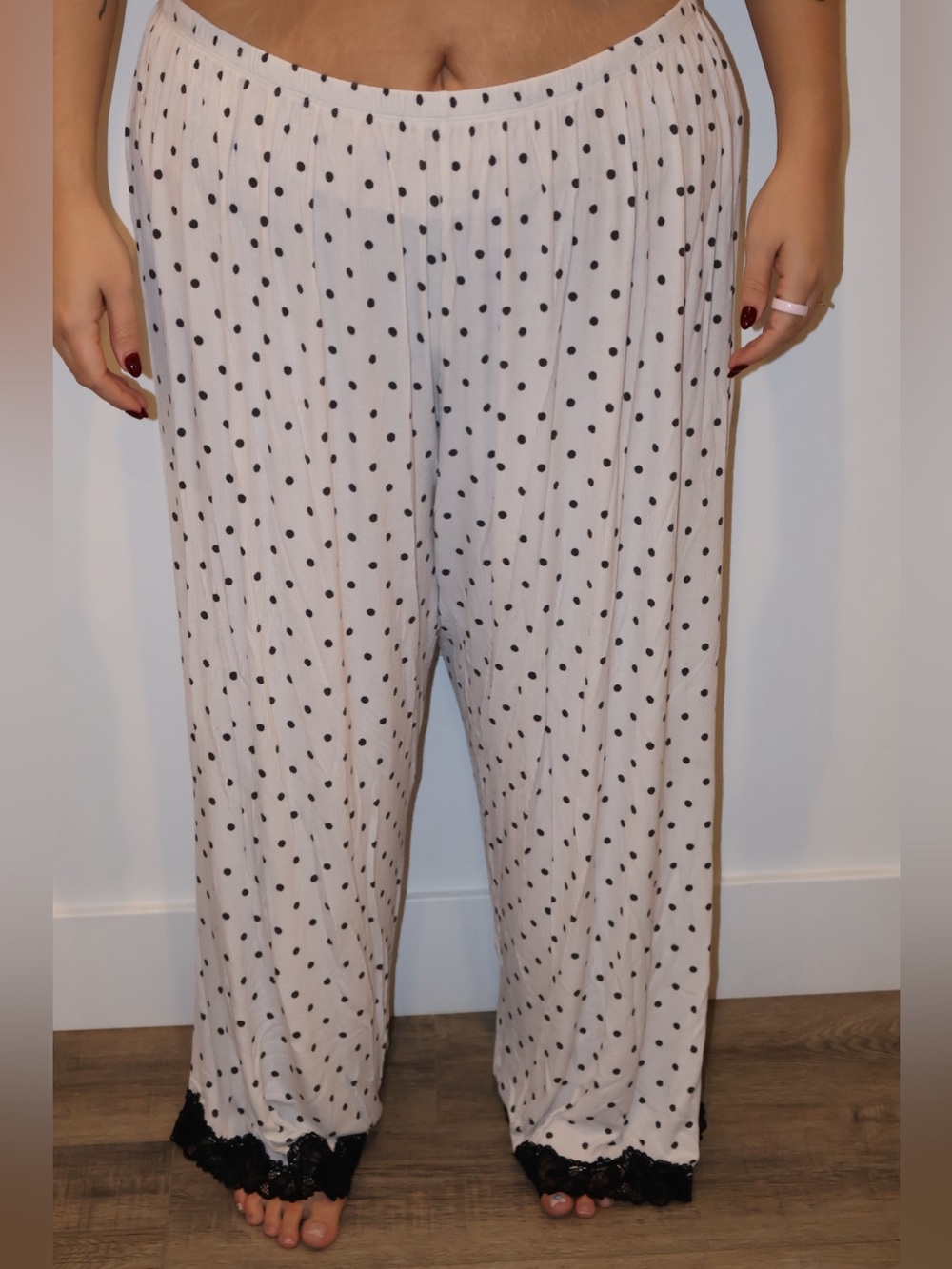aerie Cream Polka Dot Lounge Pants with Black Lace Hem